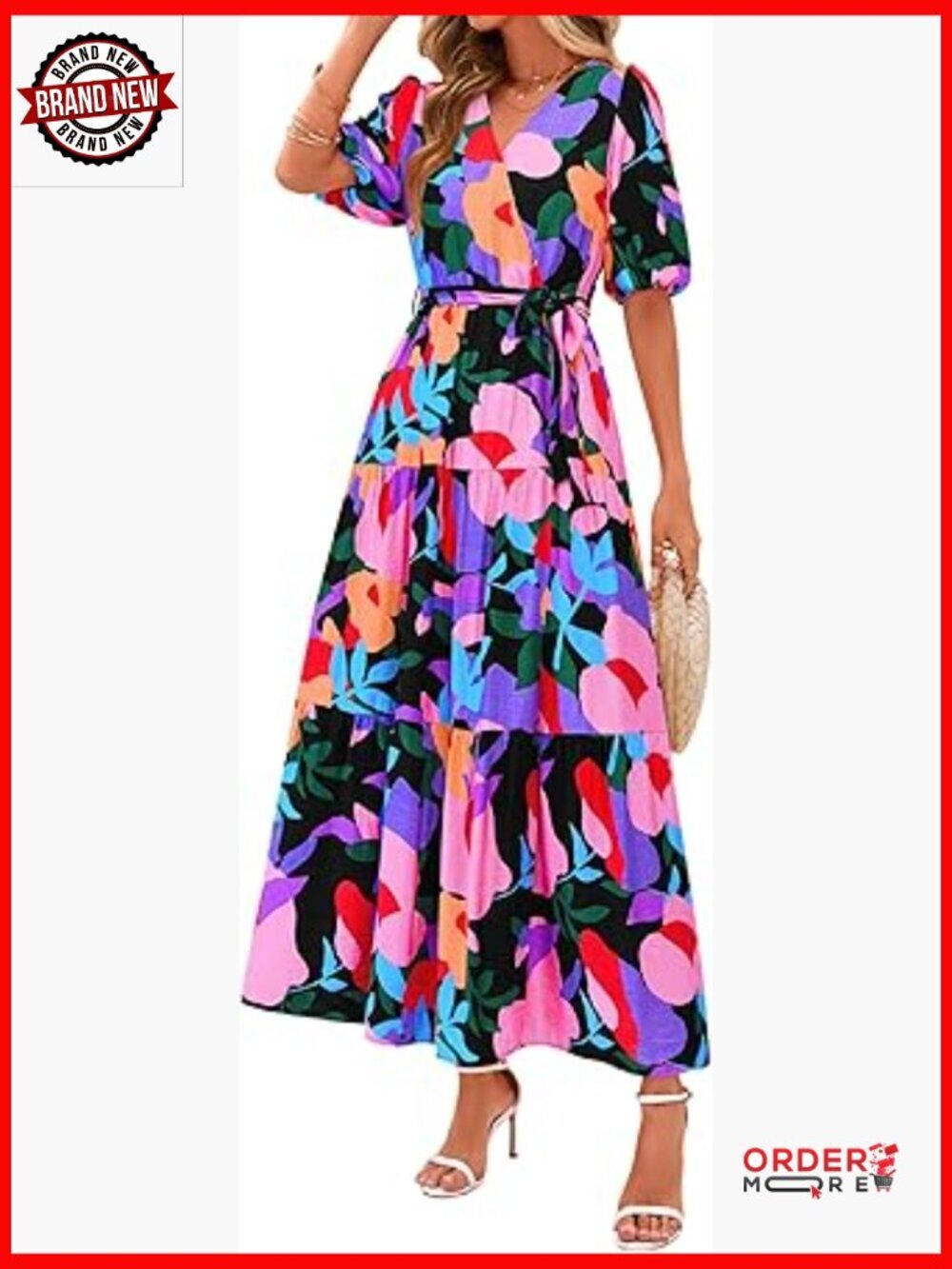 Women's V-Neck Puff Sleeve Flowy Maxi Dress Boho Resort Wear